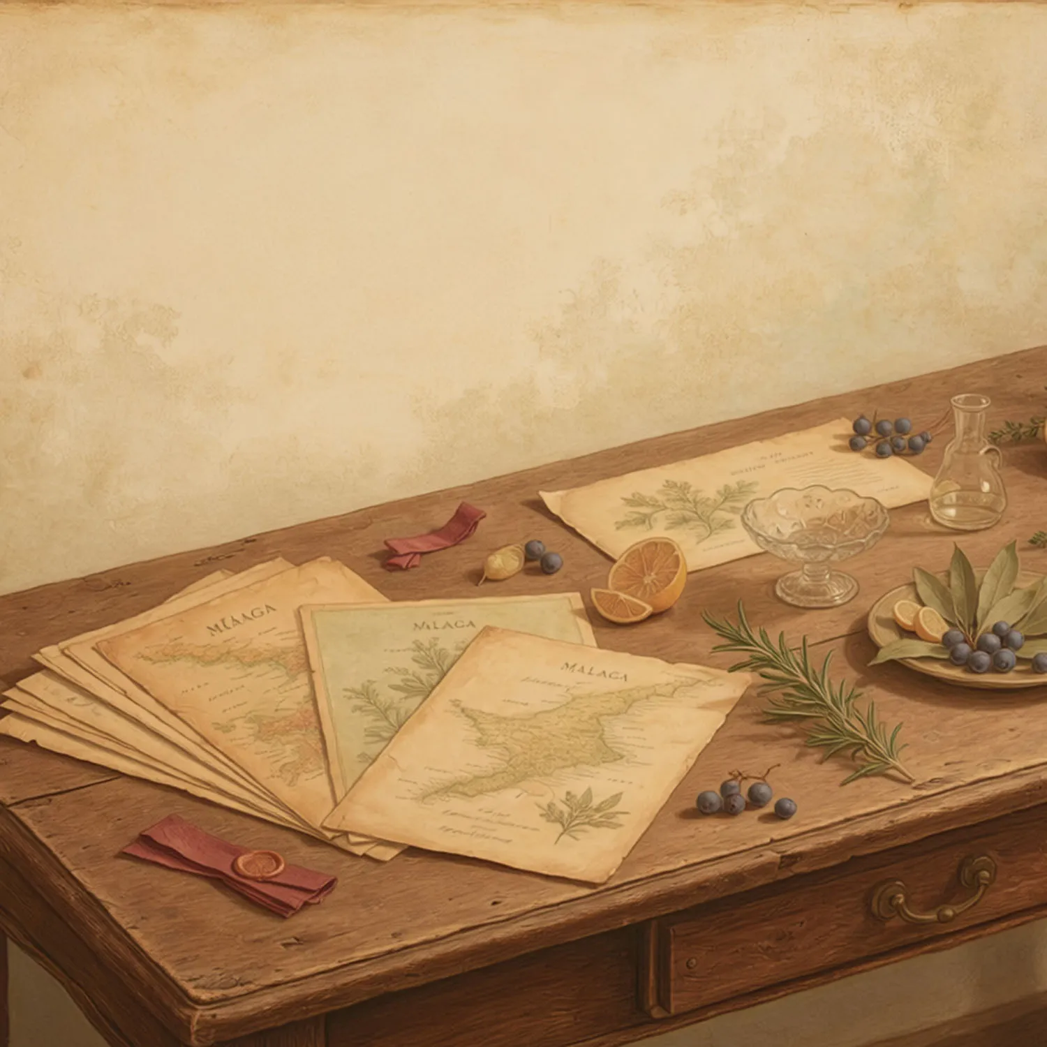 malaga-maps-botanicals-citrus-wooden-table-larios