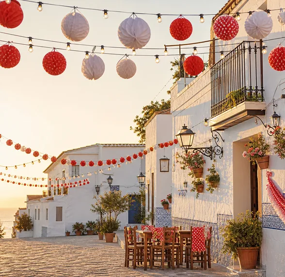 spanish street lanterns sunset dining larios